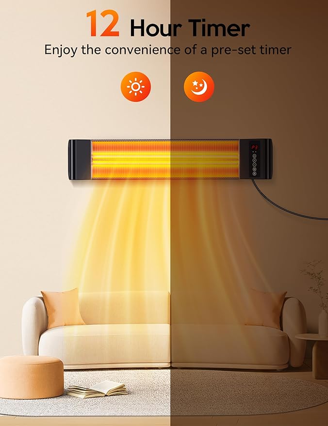 VAGKRI Outdoor Heaters, Electric Infrared Patio Heater with Remote and 12H Timer, IP65 Waterproof, 3 Heat Levels, Wall Mount or Tripod Stand for Home, Office, Patio, Garage