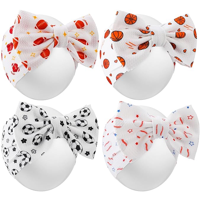 JATEBI 4 Pack Baby Girl Headbands Sporty Ball Bow Hair Accessories Football Baseball Basketball Hairbands for Newborn Infants Toddlers
