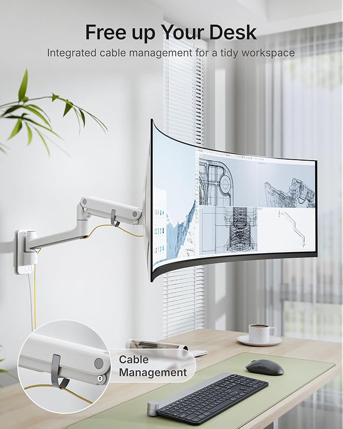 monTEK 17-49 inch Single Monitor Wall Mount for up to 44 lbs Ultrawide Screen, Premium Aluminum Heavy Duty Monitor Arm with Adjustable Gas Spring Arm, 75x75/100x100 VESA Mount, White