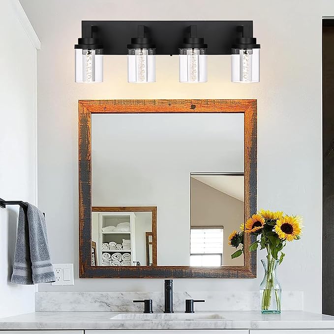 MELUCEE 4-Light 5 Color Dimmable Vanity Lights for Bathroom Bubble Crystal LED Bathroom Lighting Fixtures Over Mirror, Black LED Wall Sconce with Clear Glass Shade, Built-in Led Chips