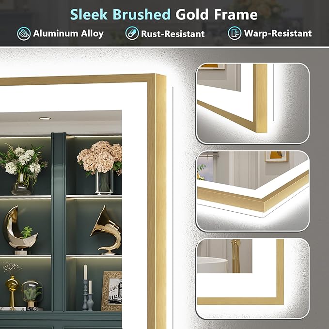 55x30 Gold LED Bathroom Mirror with Lights, Brushed Gold Framed Backlit and Front Lit Anti-Fog Lighted Vanity Mirrors for Bathroom Wall, Dimmable, 3 Colors, Memory, HD Tempered Glass, CRI＞90