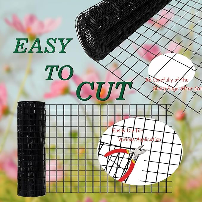 Black Metal Garden Fence, 48inch(H) x 100ft(L), 2 inch x 4 inch,12.5GA 2/3/4/5/6 Ft Tall Chicken Wire PVC Coated Welded Wire Mesh Roll for Dogs Border Yard Vegetable Plant Protection Poultry Netting
