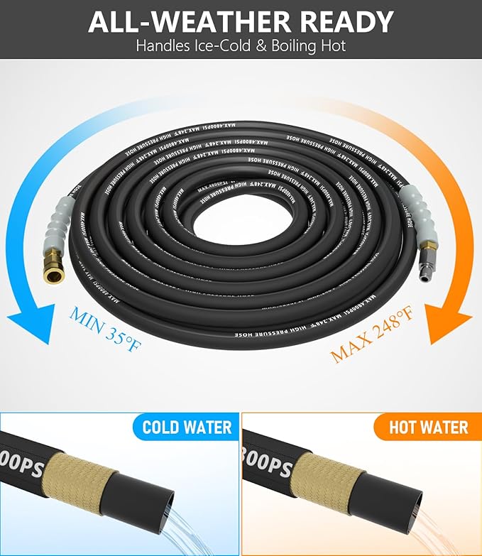 3/8" Pressure Washer Hose 150FT 4800 PSI, Kink Resistant Steel Braided Layer & NonMarking Rubber for Hot/Cold Water, High Power Washer Hose With 3/8 Inch Quick Connect & M22 Fitting, Black
