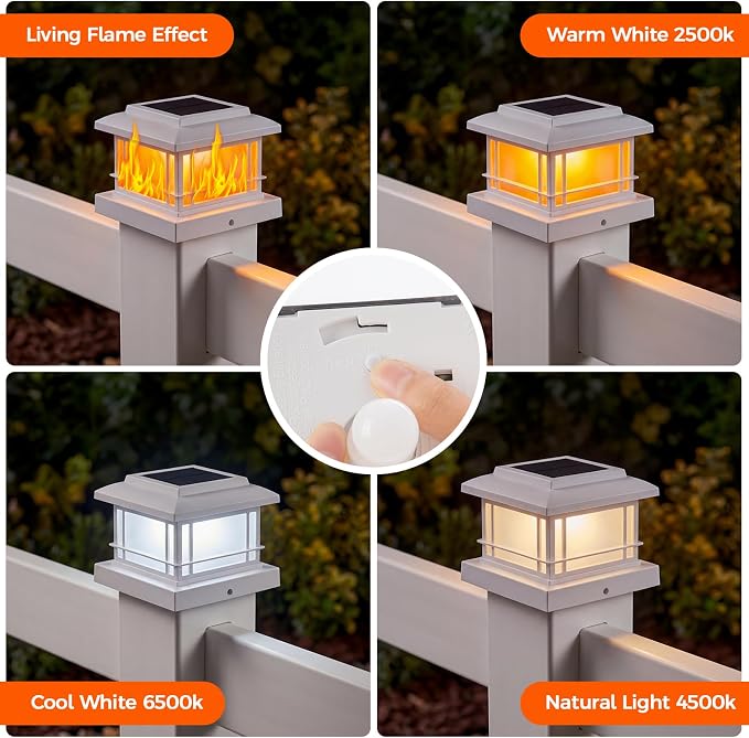 JOFIOS Flickering Flame Solar Post Cap Lights Outdoor, White Post Lights with 3 Color Temperature, Fits 3.5" 4" 4.5" 5" Wood/Vinyl Posts, IP64 Waterproof Fence Deck Lights for Garden Patio Yard 8 Pack
