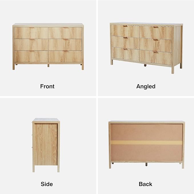 Fluted 6 Drawer Double Dresser for Bedroom, 47" Wide Modern Closet Dressers Chest of Drawers, Wood Storage Dresser Organizer for Nursery Bedroom Living Room Hallway Closet,Natural