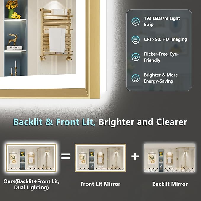 88x38 Gold Beveled LED Bathroom Mirror with Lights, Brushed Gold Framed Backlit and Front Lit Anti-Fog Lighted Vanity Mirrors for Bathroom Wall, Dimmable, 3 Colors, Memory, HD Tempered Glass