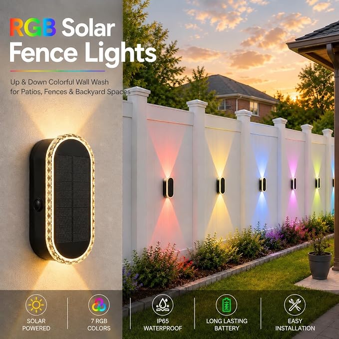 Herzila 10 Pack Solar Fence Lights,RGBW Solar Powered Fence Wall Lights, Waterproof 7-Color Changing Up Down Lighting Wall Lights for Outdoor/Patio/Porch/Pool Cage