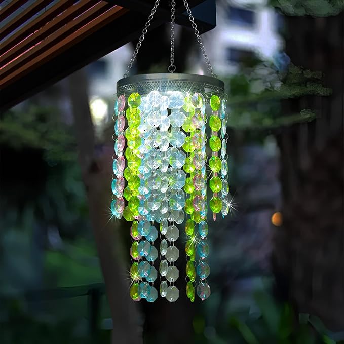 Hanging Solar Crystal Chandelier Outdoor, 21” Modern Solar Multicolor Acrylic Beaded Lantern with Cool White LED S Hooks for Garden Yard Patio Gazebo Outside Decor