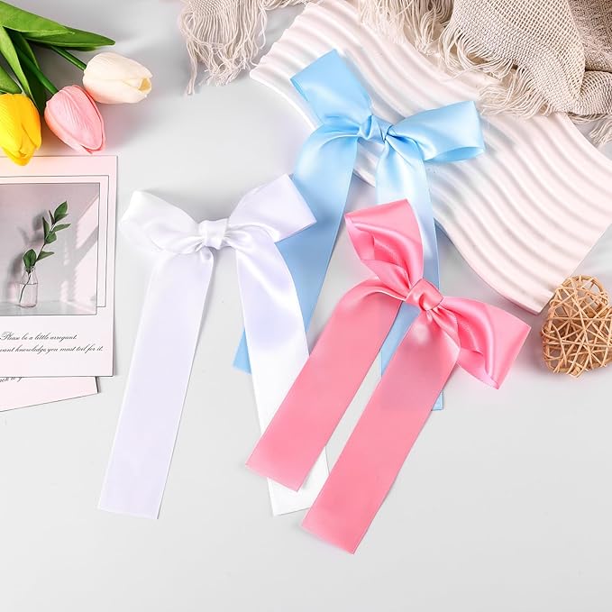 2-Pack Long Satin Ribbon Hair Bows for Girls – Elegant Silk Hair Clips for Toddlers, Infants, Teens & Kids - Sky Blue