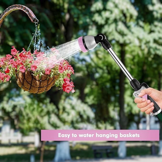 RESTMO Metal Watering Wand, Heavy Duty Garden Hose Wand with 180° Swivel Ratcheting Head, 16'' Hose Nozzle Sprayer with 7 Spray Patterns and Flow Control, for Water Hanging Baskets and Shrubs, Pink