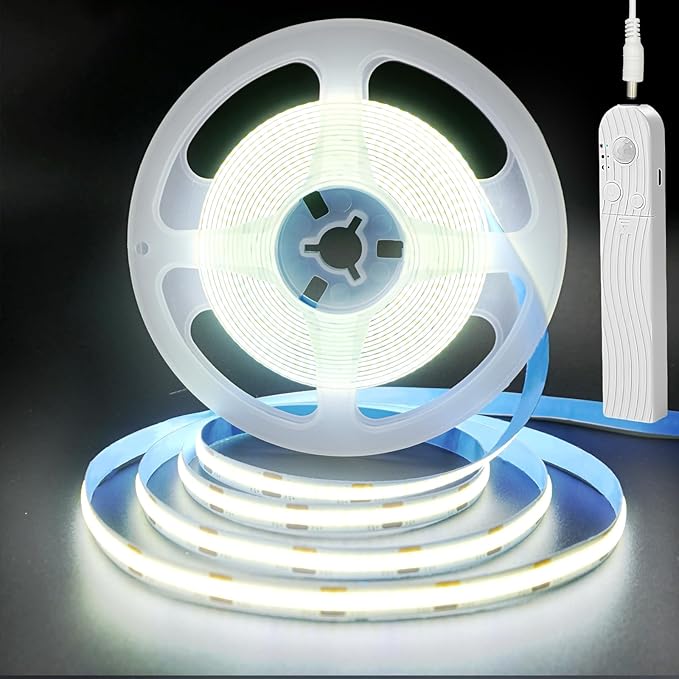 5V Motion Sensor COB LED Strip Lights 2P,Time-Delay and Brightness Adjustable,Two Power Supply Options: Batteries(Not Included) or USB,9.84FT/3M,Cool White 6500K,for Kitchen Cabinet