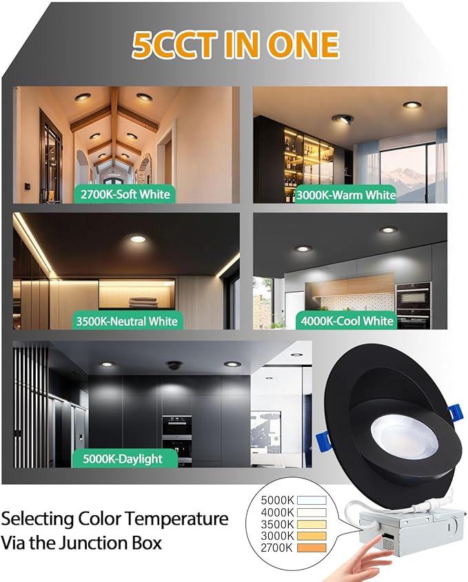 zouzai 6 inch 5CCT Gimbal Black Led Recessed Lights, 360°+90° Adjustable Directional Recessed Lighting, 2700K-5000K Dimmable Retrofit Eyeball Can Lights with Jbox, ETL&Energy Star(Black,6 Pack)