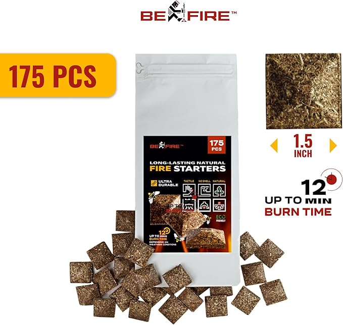 Fire Starter • 175 pcs Natural Fire Starters up to 12 Min Burn Time Firestarters for Indoor Fireplace, Campfires & Camping, Wood Stove, Grill