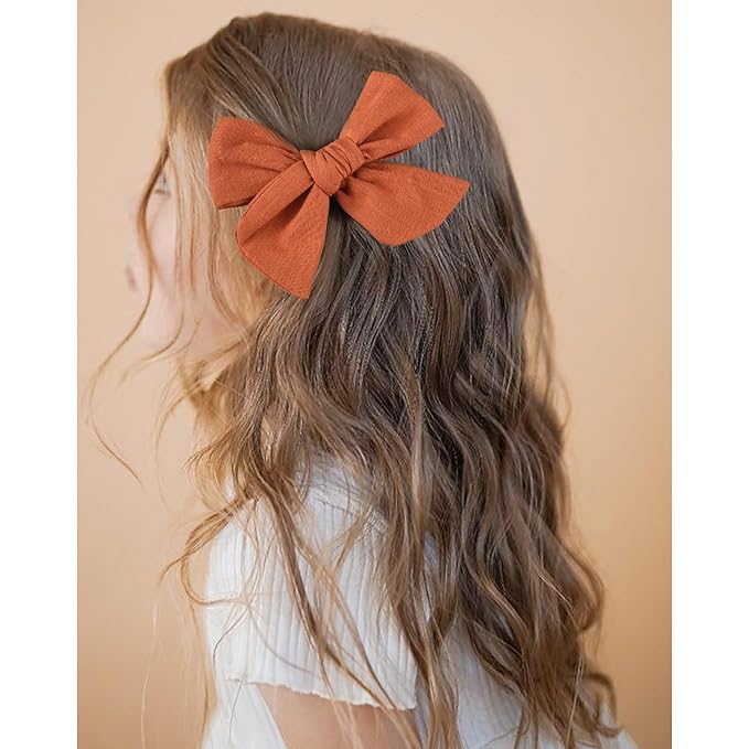 DEEKA 4 PCS Burnt Orange Cotton Linen Hair Bows 3 Styles 5" & 4" Handmade Hair Bow set for Toddler Girls Alligator Hair Clips Knot Bows Hair Accessories for Little School Girls (Burnt Orange)