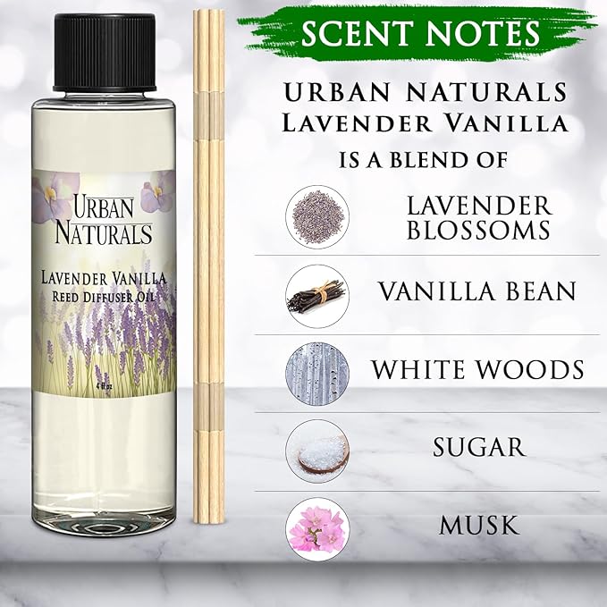 Urban Naturals Lavender Vanilla Scented Oil Reed Diffuser Refill and Reed Sticks – Lavender Blossom, Creamy Vanilla, White Woods and Sugared Musk, 4 oz (2 Pack)