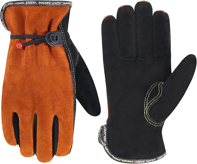 HLDD HANDLANDY Leather Work Gloves for Men & Women, Adjustable Wrist Cowhide Gardening Glove with Reinforced Palm for Driver