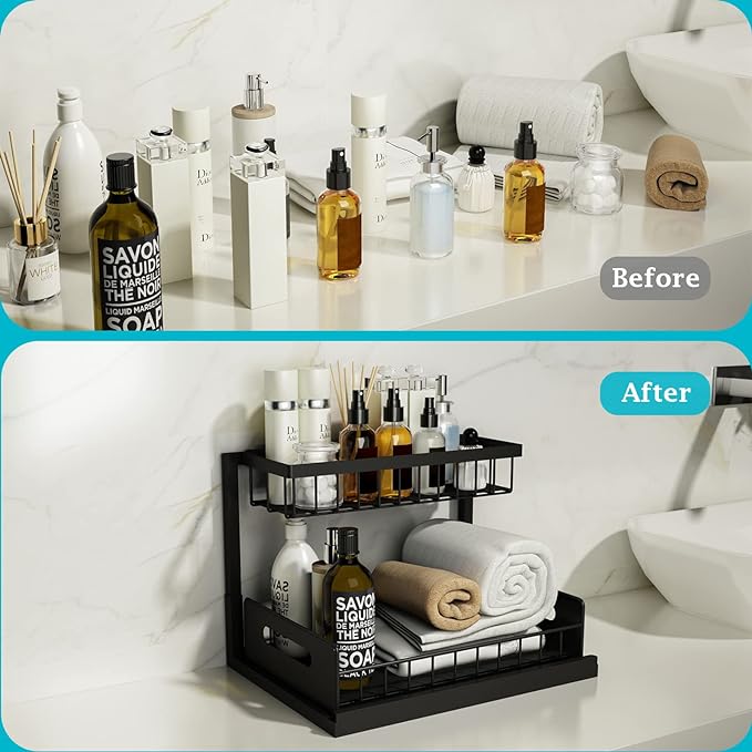 REALINN Under Sink Organizer, Pull Out Cabinet Storage 2 Tier Slide Out Sink Shelf, Kitchen Organizers and Storage, Black, 1 Pack