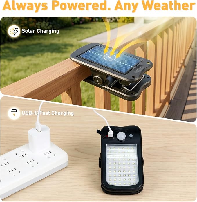 2 Pack Clip On Solar Lights Outdoor, 60 LED 500LM Motion Sensor Clamp Light, USB & Solar Powered Waterproof Security Lights for Fence Gutter Deck Camping, 1-Second Fast Install