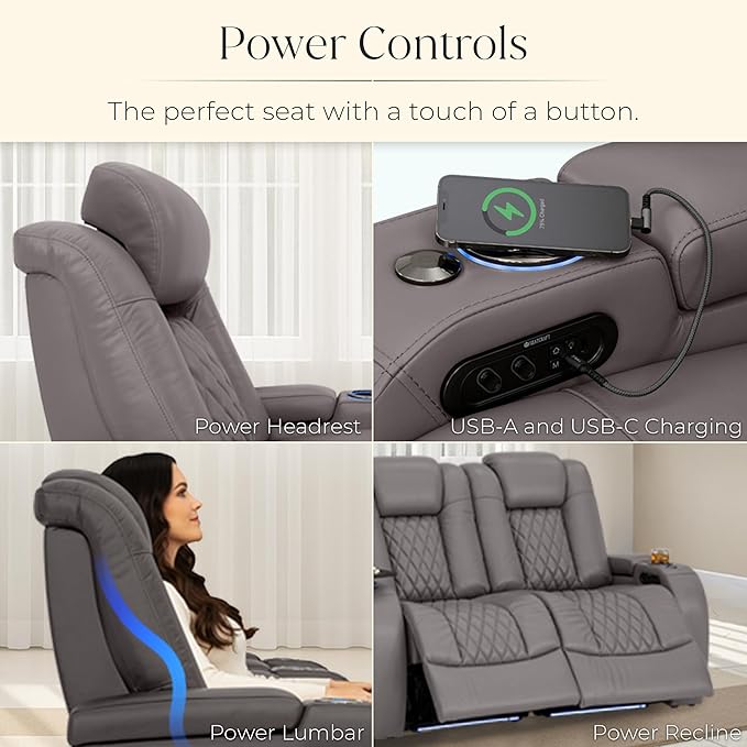 Seatcraft Diamante Zero-Gravity CoolZero Italian Leather Home Theater Seating, Power Headrest, Power Recline, Row of 5 Left Loveseat, Gray