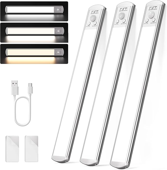 Joyzy 3 Pack Battery Operated Closet Lightings LED Rechargeable Motion Sensor Counter Light Indoor Magnetic Dimmable Above Stove Lights, Wireless Under Cabinet Lights Over Sink Light RV Step Lighitng