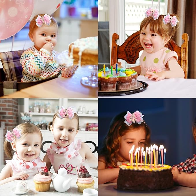 Birthday Hair Clips for Baby Girls - 2Pc Pink Sprinkle Bow Hair Clips for 4th Birthday Glitter Ice Cream Baby Bow Party Decorations for Girls Toddlers Hair Accessories (Pink-4 Years)