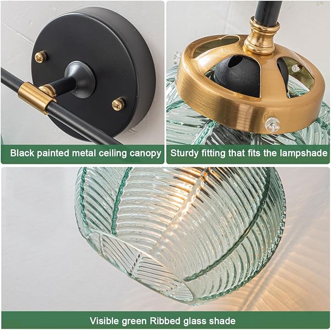 Mid Century Vanity Light Black Bathroom Wall Light Fixtures Green Glass Wall Sconce lamp Ribbed Glass Shade Modern Art Deco Vanity Lights for Over Mirror Bedroom Hallway 2 Lights