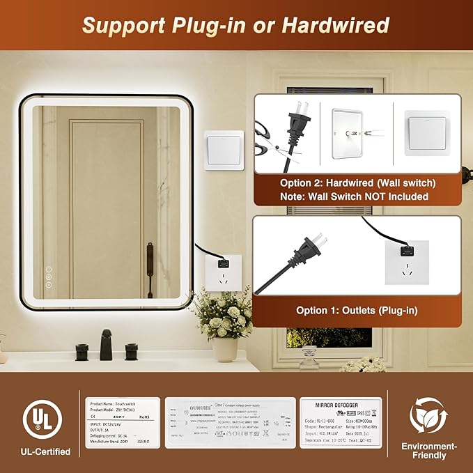 36x48 Inch LED Bathroom Mirror with Black Frame,Front and Backlit Vanity Mirror, Stepless Dimmable Wall Mirrors with Anti-Fog, 3 Colors, Memory, Waterproof, LED Smart Bathroom Mirror