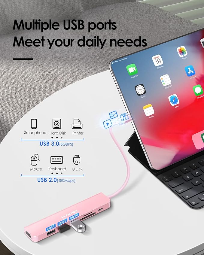 LENTION USB C Hub with 100W Charging, 4K HDMI, Dual Card Reader, USB 3.0 & 2.0 Compatible MacBook Pro, New Mac Air/Surface, Chromebook, More, Stable Driver Adapter (CB-CE18, Rose Gold)