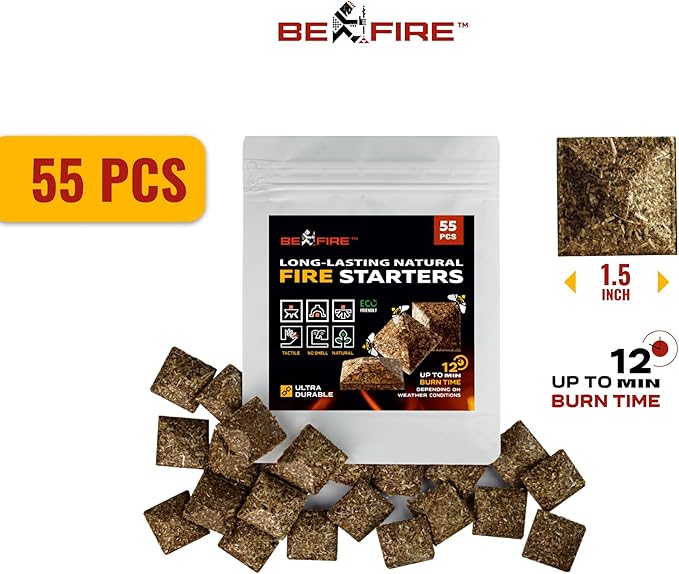 BeFire Fire Starter • 55 pcs Natural Fire Starters up to 12 Min Burn Time Firestarters for Indoor Fireplace, Campfires & Camping, Wood Stove, Grill