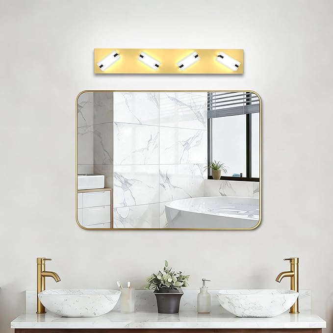 LED Bathroom Light Fixtures, 4-Light Modern Vanity Lights with Milky White Frosted Acrylic Shades, Gold Bathroom Lighting fixtures Over Mirror, ETL Listed, 27W (Cool White 5700K)