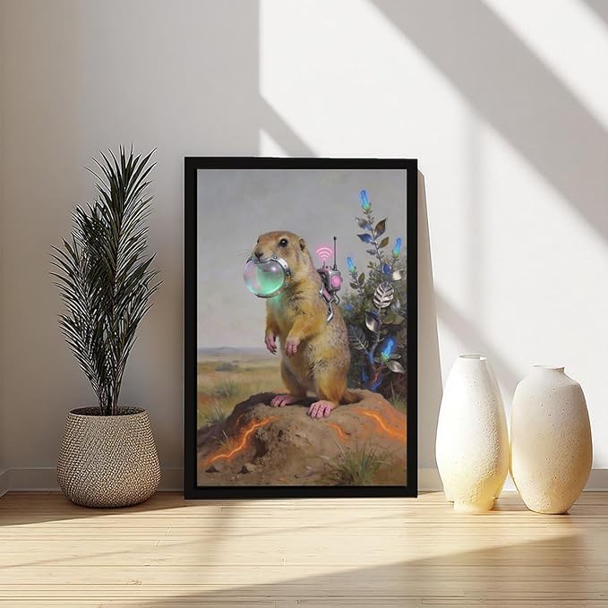 Framed Steampunk Mechanical Prairie Dog Wall Art - Retro-Futuristic Wilderness Poster for Living Room Game Room Decor 08x12in