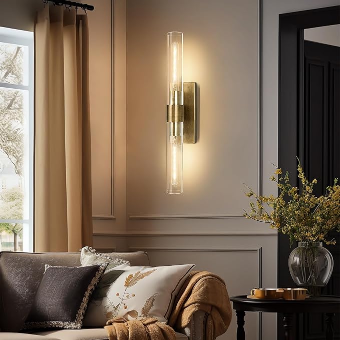 Brass Bathroom Vanity Wall Sconces, 2-Light Glass Tube Wall Sconces, 22.8” Horizontal or Vertical Linear Wall Sconces, Gold Vanity Light, Indoor Wall Sconces, E26 Bulb Included