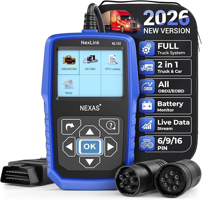 NEXAS Heavy Duty Truck Scanner NL102 Full System Diesel Truck Scan Tool for Cummins, Isuzu, Freightliner, Caterpillar, Detroit, Peterbilt, 2-in-1 Code Reader Read & Clear Fault Codes for Truck & Car