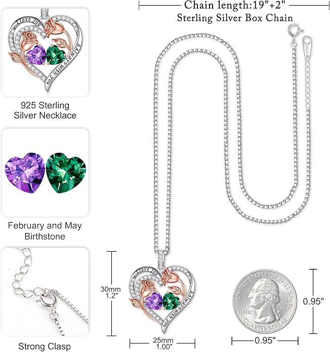 Iefil Christmas Gifts for Women Wife - 925 Sterling Silver Rose Heart Birthstone Necklace Birthday Anniversary Jewelry Gifts for Her Wife Mom Daughter