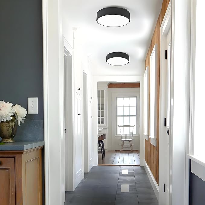 Modern Black Flush Mount Ceiling Light, 2-Lights Round Ceiling Light, Minimalistic Ceiling Lamp Acrylic Shade Lighting Fixture for Bedroom Laundry Room Bathroom Hallway(11.8 Inch)