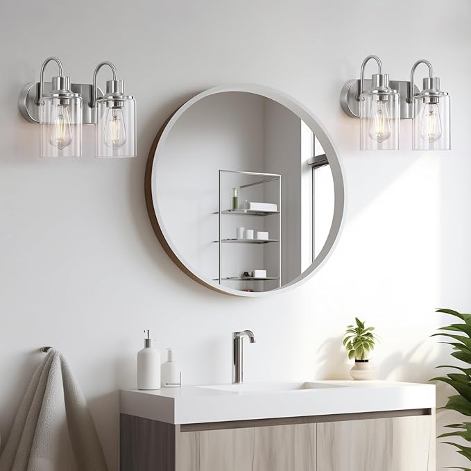 Brushed Nickel Bathroom Light Fixtures Over Mirror,2-Light Bathroom Vanity Light with Clear Glass Shade,Modern Farmhouse Wall Sconces Lighting for Kitchen Living Room Bedroom Cabinet