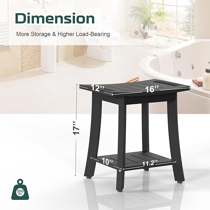 HIPS Shower Benches for Inside Shower, Waterproof Shower Stool with Storage Shelf & Adjustable Feet, SPA Bathroom Seat Chair for Shaving Legs, Indoor or Outdoor Use, Black