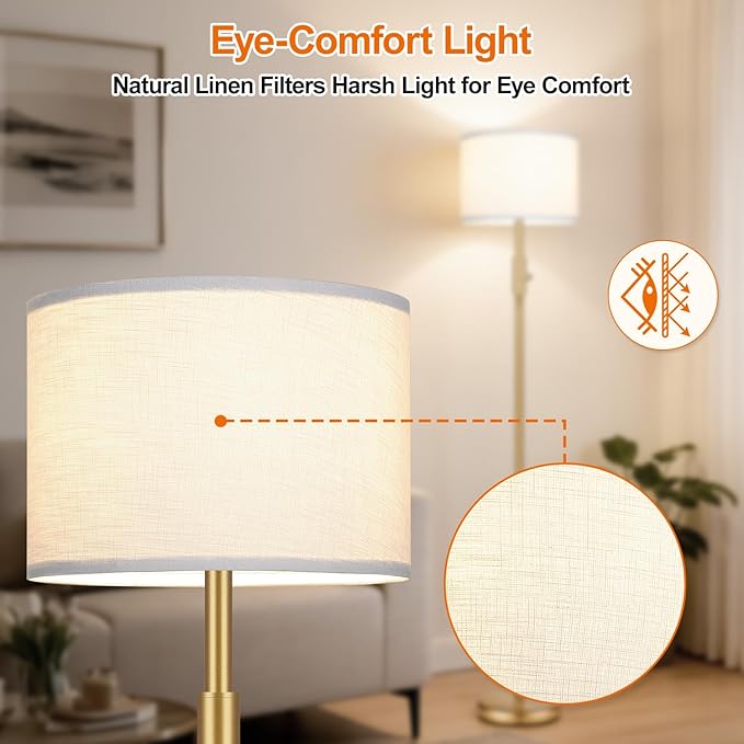 【Upgraded】 Dimmable Gold Floor Lamps for Living Room, 9W LED Bulb Included, Modern Standing Lamp with White Lamp Shade, Tall Pole Light for Bedroom Reading Office Corner Nursery