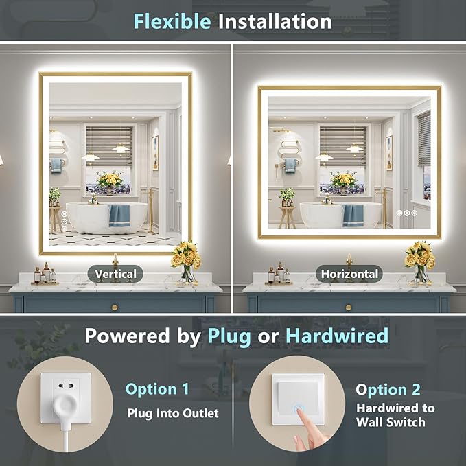 48x40 Gold Beveled LED Bathroom Mirror with Lights, Brushed Gold Framed Backlit and Front Lit Anti-Fog Lighted Vanity Mirrors for Bathroom Wall, Dimmable, 3 Colors, Memory, HD Tempered Glass