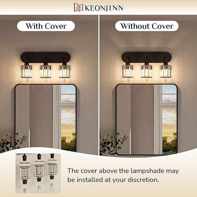 Keonjinn 6-Light Bathroom Light Fixtures, Crystal Black Bathroom Vanity Lights Over Mirror, Vanity Lighting Fixtures with Crystal Square Shades (E26 Socket, Exclude Bulb)