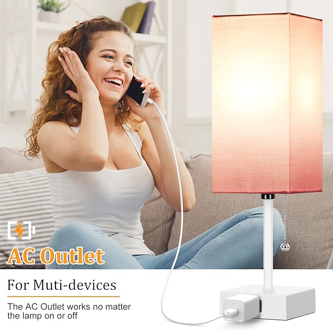 15'' Table Lamp for Bedroom set of 2,3-Color Bedside Lamps with Pull Chain Table Lamps for Night stands ,Small Night Light Lamps with 2 Bulbs Lamps for Living Room Kids Room Office Decor（Pink+White）
