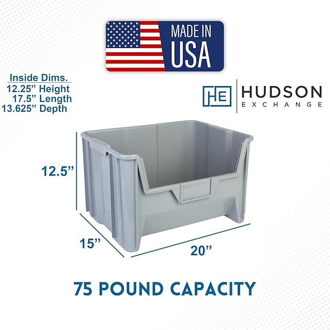 Hudson Exchange 20" x 15" x 12.5" (1 Pack) Plastic Giant Stackable Hopper Bin Container, Gray