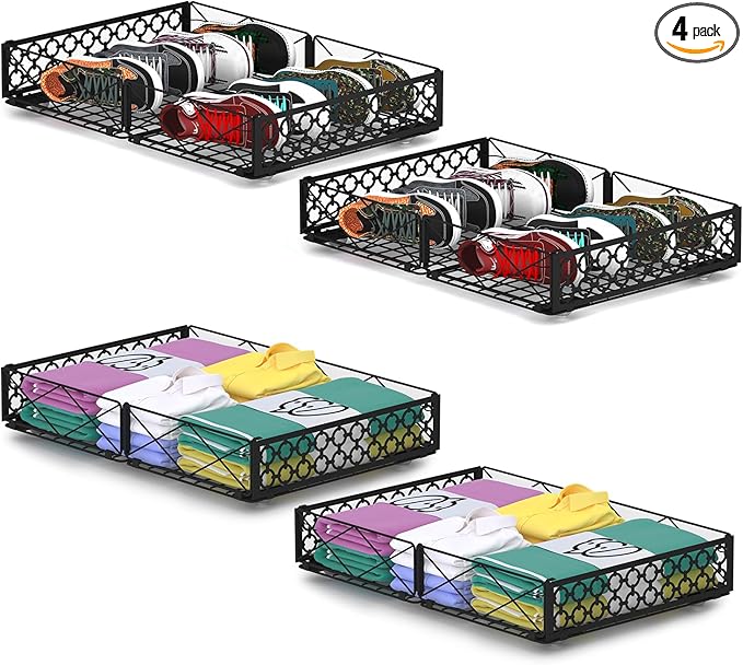 NADAMOO Low Profile Under Bed Storage with Wheels, 4 Pack Rolling Storage Containers, Foldable Metal Organizer Bins