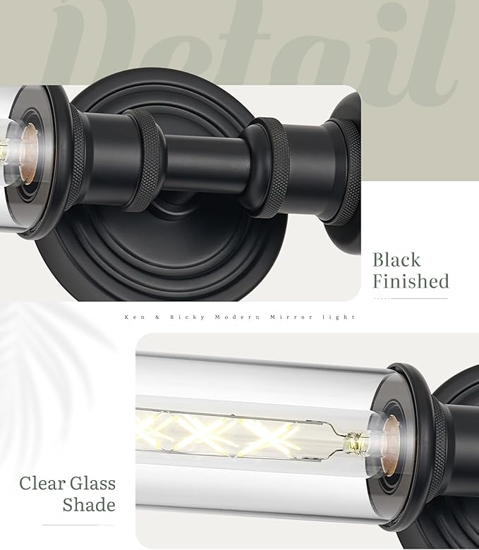 Ken & Ricky Modern Bathroom Sconces Set of 2, Matte Black Bathroom Wall Sconces,24-Inch Wall Sconce Light Fixtures Side of Mirror for Bathroom Living Room Bedroom