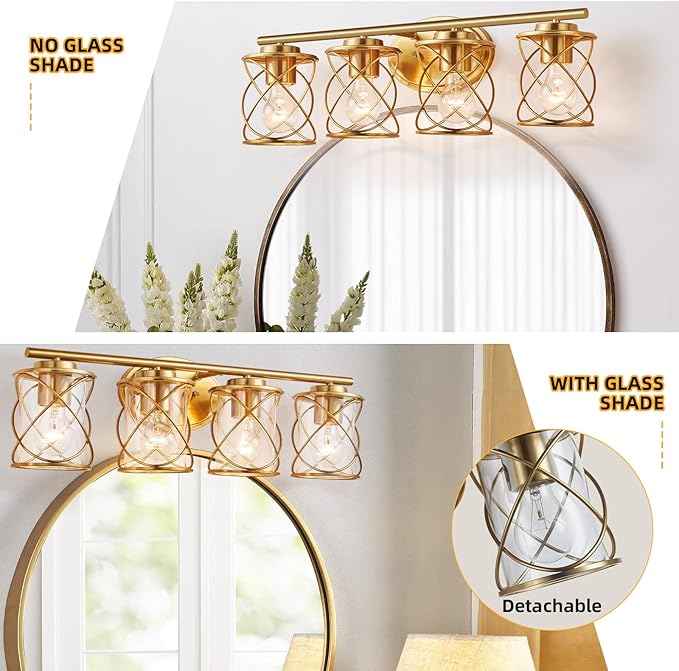 4-Lights Bathroom Light Fixtures, Brushed Gold Modern Vanity Light Over Mirror, Bathroom Wall Lamp for Mirror Kitchen Living Room Hallway Porch, Farmhouse Wall Lights with Clear Glass Cage Shade