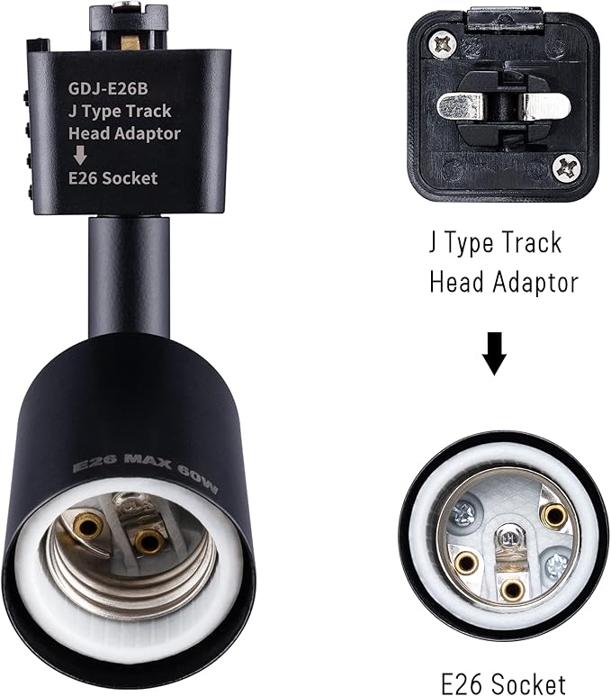 mirrea J Type Track Lighting Head to E26 Medium Screw Base Adapter Light Direction Adjustable Pack of 6 (Black)