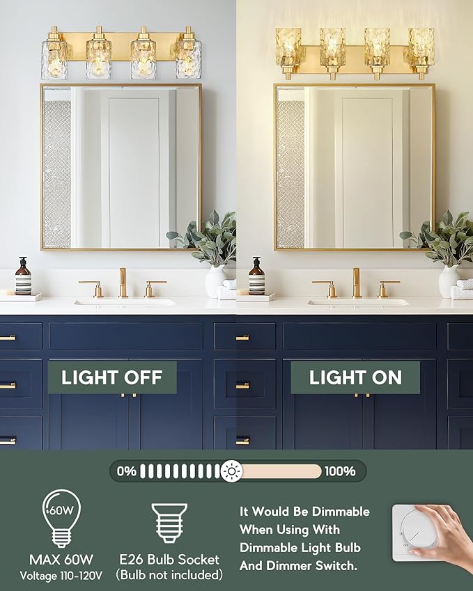 4-Light Bathroom Light Fixtures, 24.5 Inch Brushed Gold Vanity Lights with Clear Hammered Glass Cylinder Shade, Modern Vanity Lighting Fixture Over Mirror, VL198-BG-4