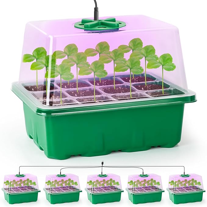 Bonviee 5 Packs Seed Starter Tray with Plant Light, Elevated Seedling Starter Trays Kits with Adjustable Humidity Domes and Clear Cell Tray, 12 Full Spectrum led lamp Beads for Plants Indoor-Green