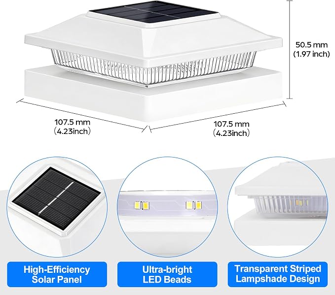 Brightever 4x4 3.5x3.5 Solar Post Cap Lights Outdoor 12-Pack, Solar Fence Post Lights Fit Vinyl/Wood Posts, 2 Modes(Warm/Cool White), Solar Powered Waterproof Deck Post Lights for Patio Porch, White