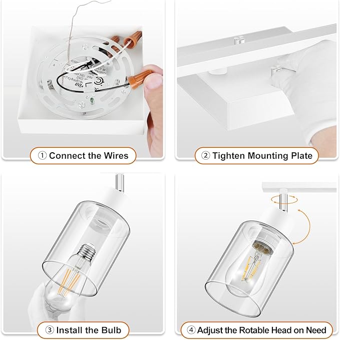 Track Lighting Fixtures Ceiling, 6-Light Track Light with Clear Glass Shade, 45" Modern Kitchen Lighting Ceiling with Rotatable Track Head, White Wall Light for Vanity Hallway Bedroom(E26, No Bulb)